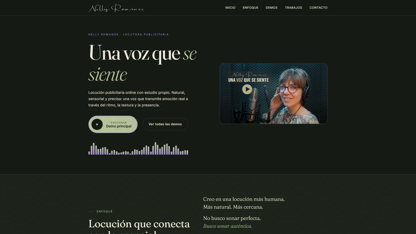 Portada de la web de Nelly Romanos, locutora publicitaria